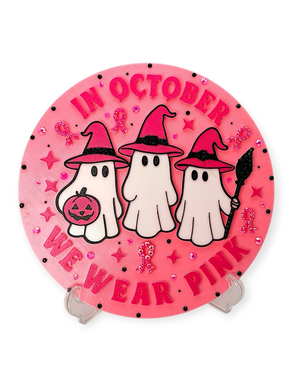 Pink "In October We Wear Pink" 9 inch Halloween Decorative Plaque